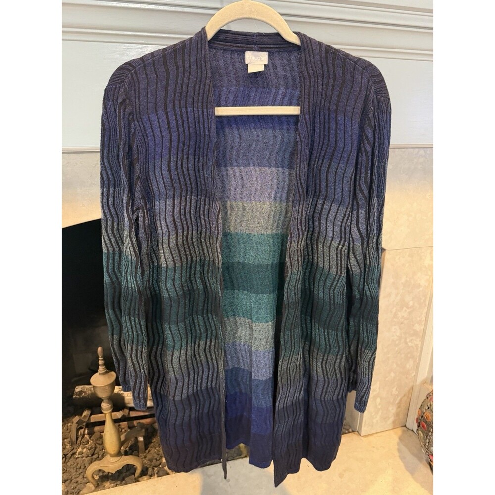 Chico’s Open Front Cardigan Size Large In Shades Of Blue And Purple